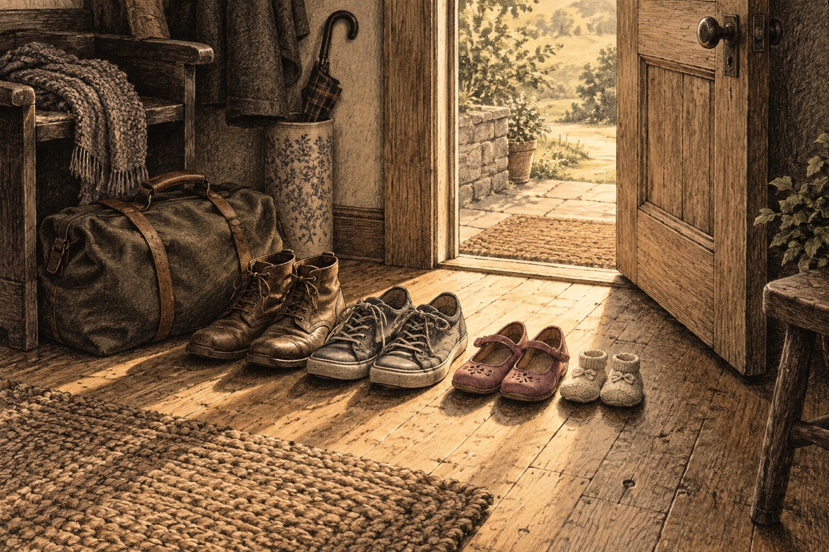 Family shoes and a travel bag wait by an open doorway in warm morning light