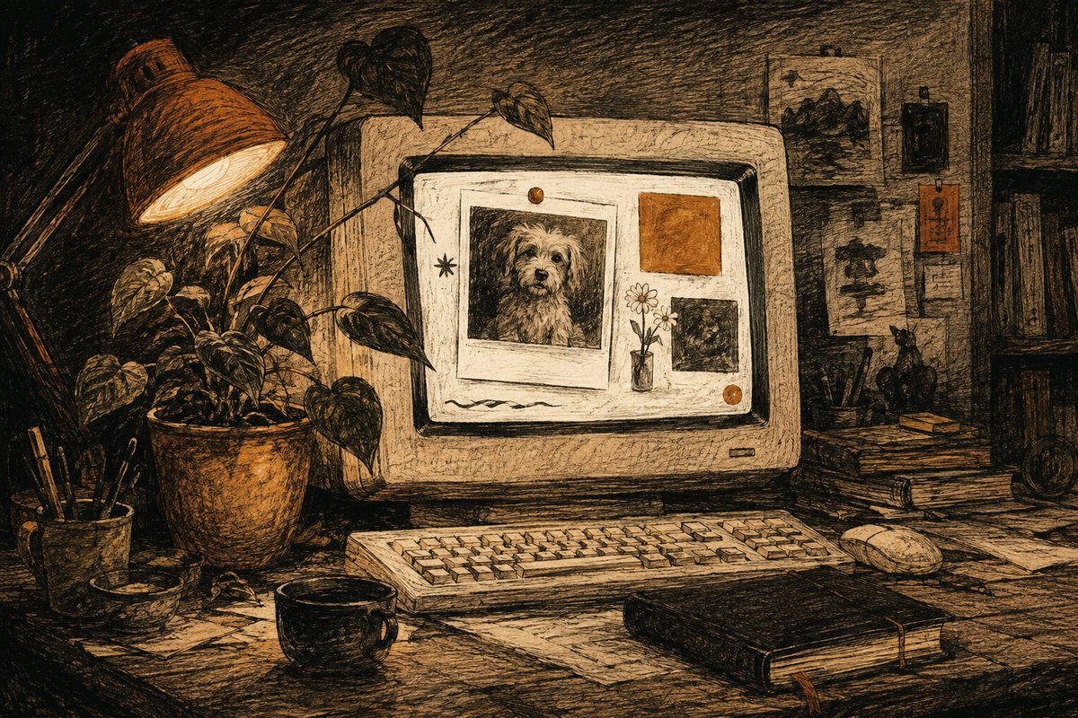 An old computer displays a homemade webpage beside a plant and notebook