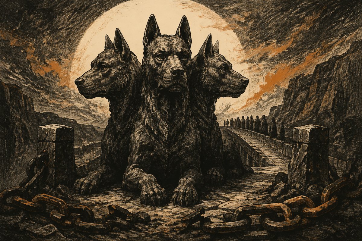 A three-headed stone hound guards a bridge behind a broken chain