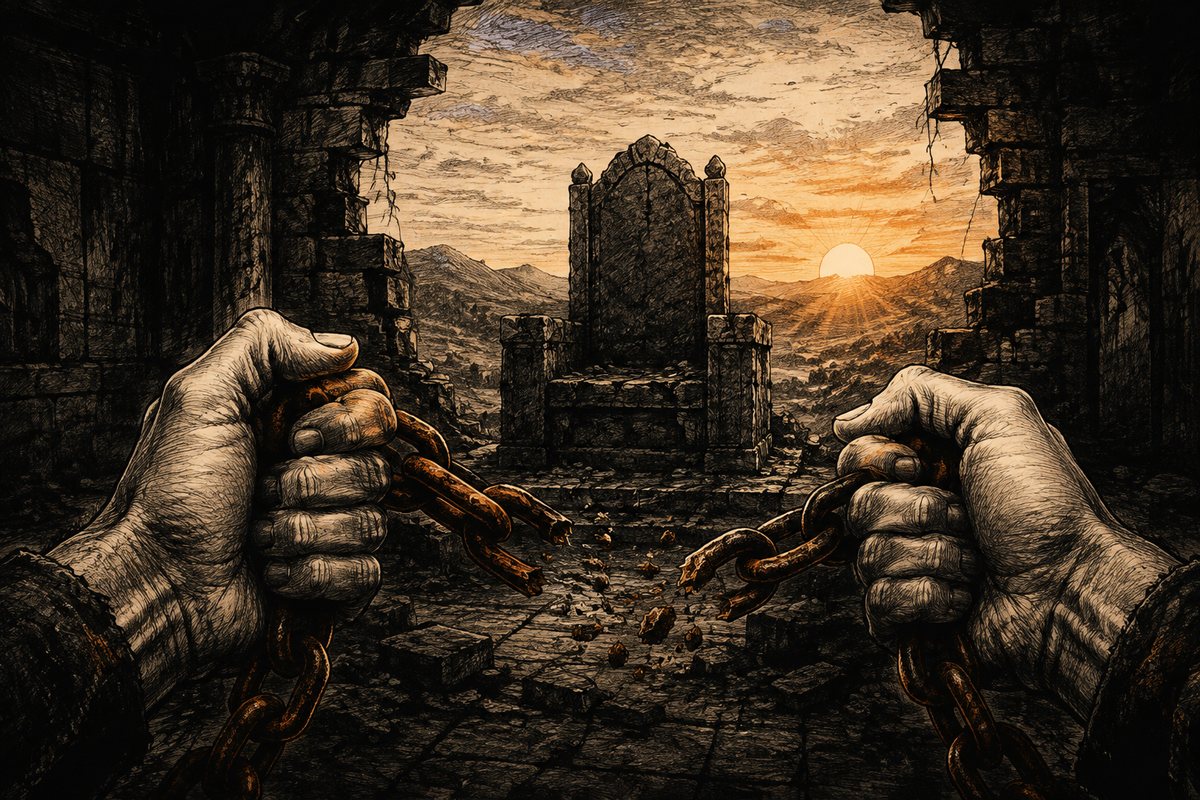Hands pull apart a broken chain before an empty throne and the dawn