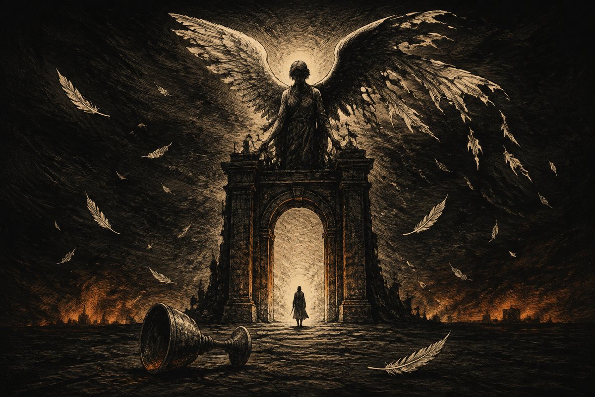 A small figure stands at a gateway beneath a ragged-winged angel