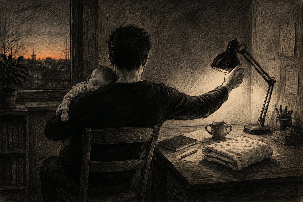A father holds a sleeping baby beside a desk lamp before dawn