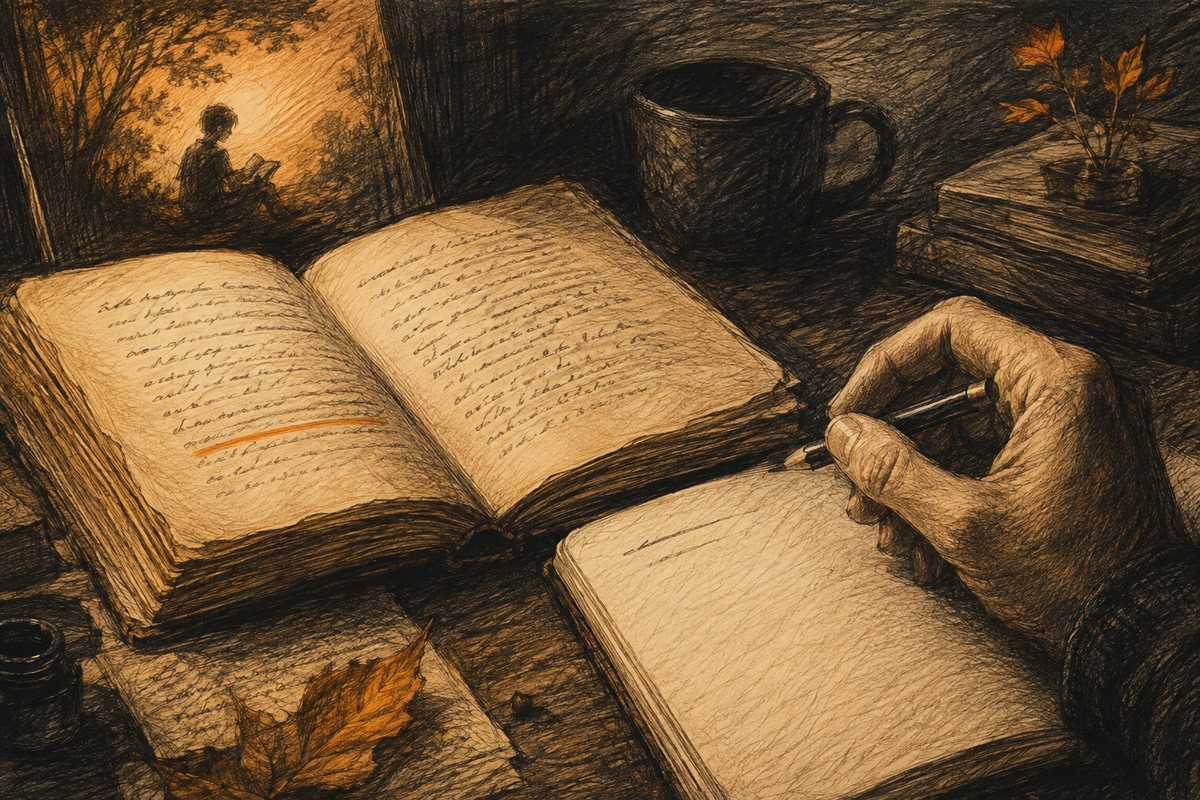 A pencil rests between an underlined old book and a new notebook