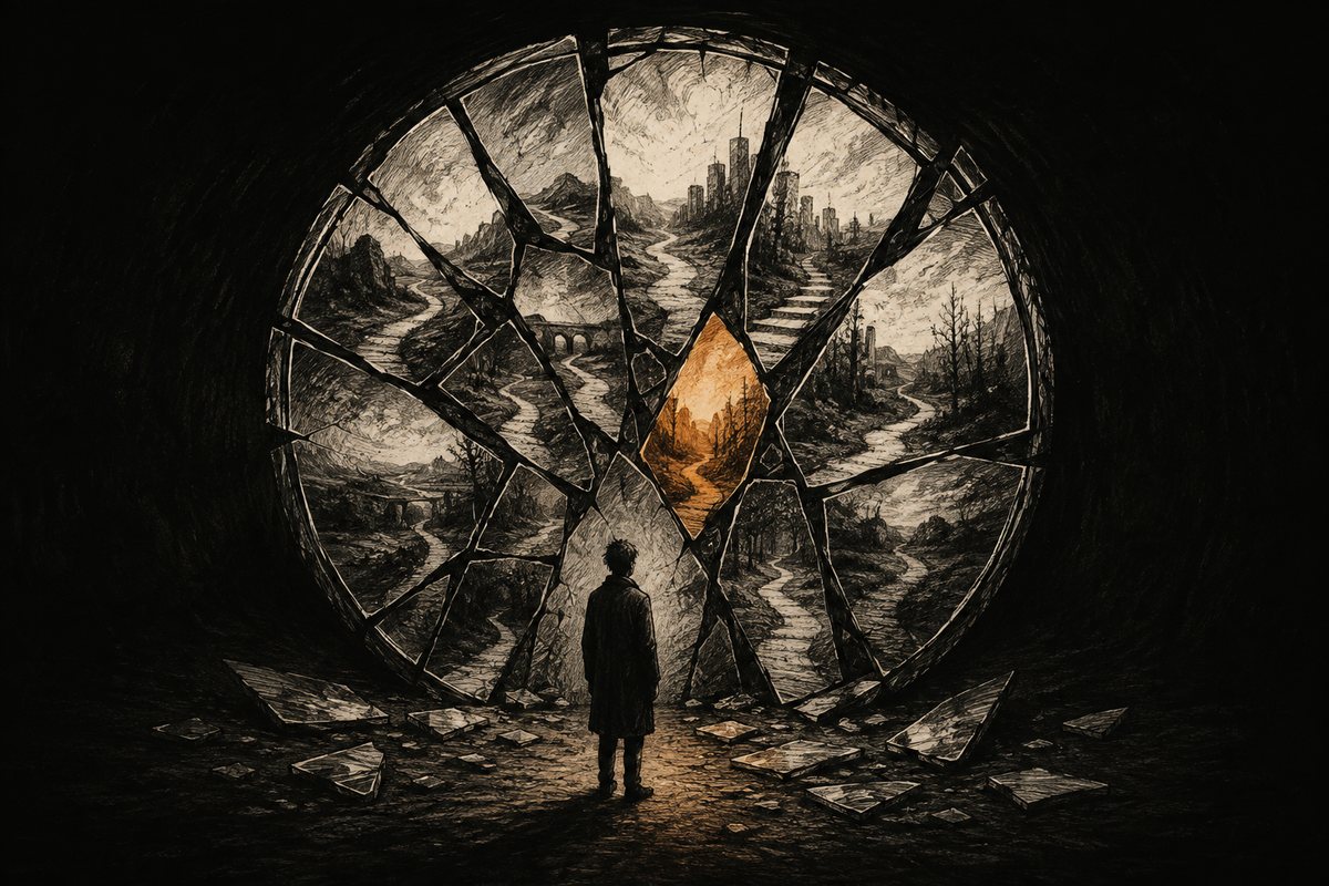 A shattered mirror reflects different paths around a small figure