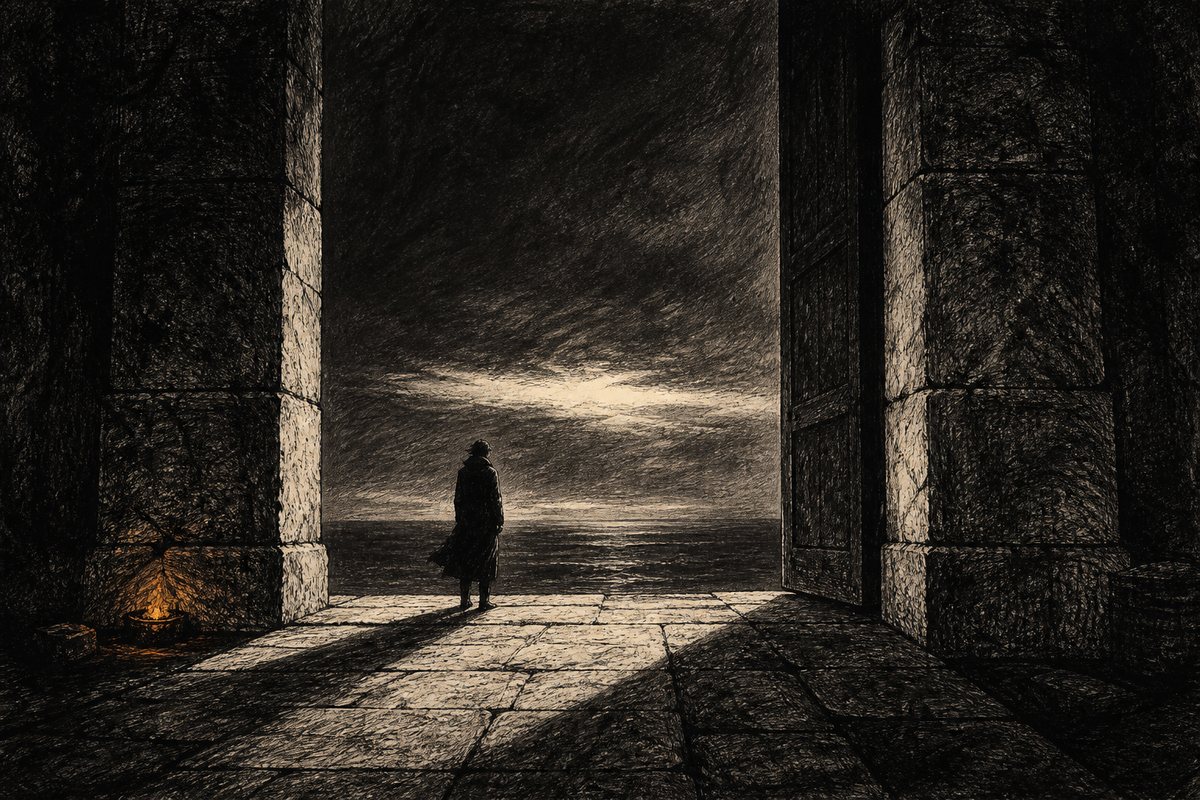 A lone figure faces a dark sea through a vast stone doorway
