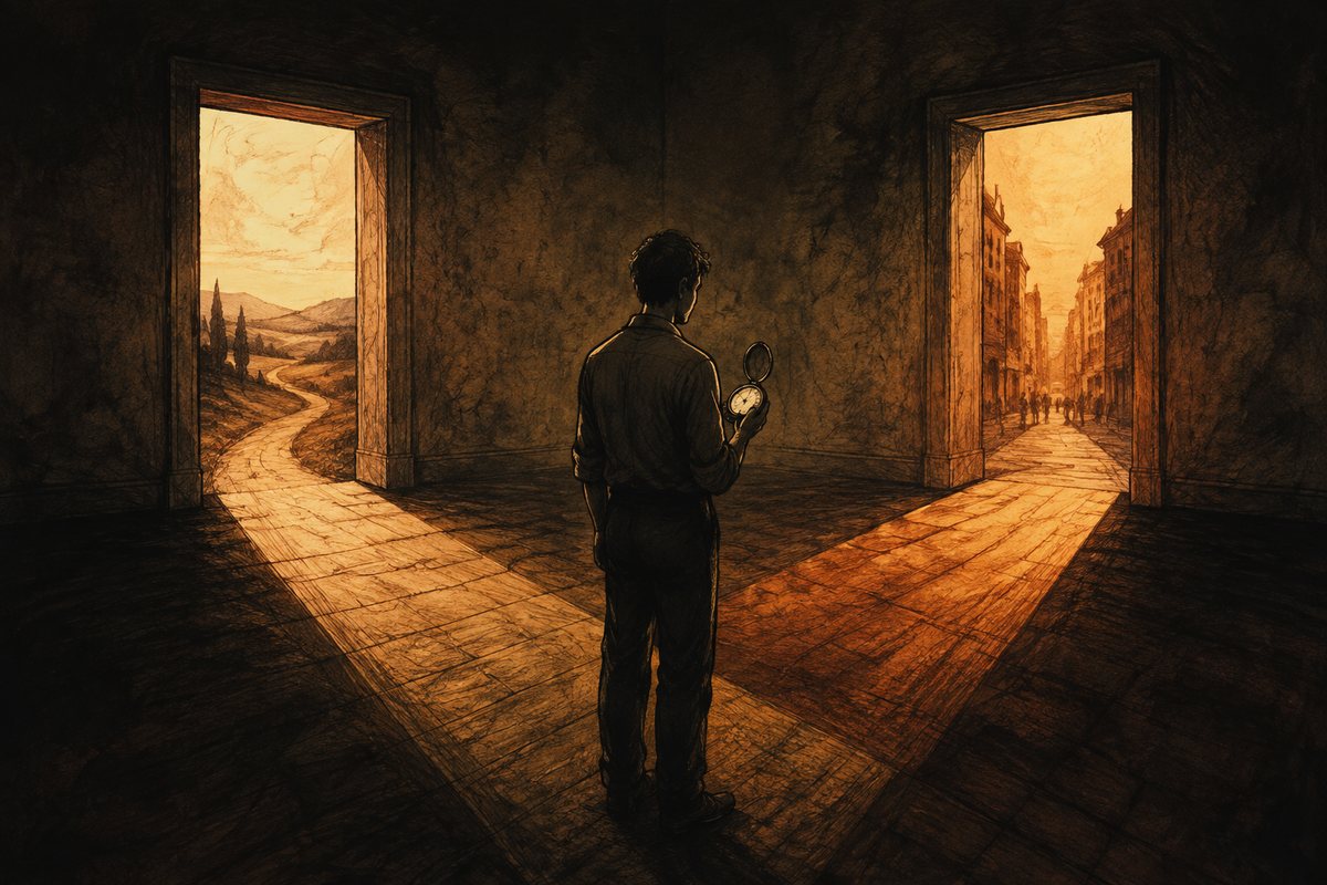 A man holding a pocket watch hesitates between 2 open doors