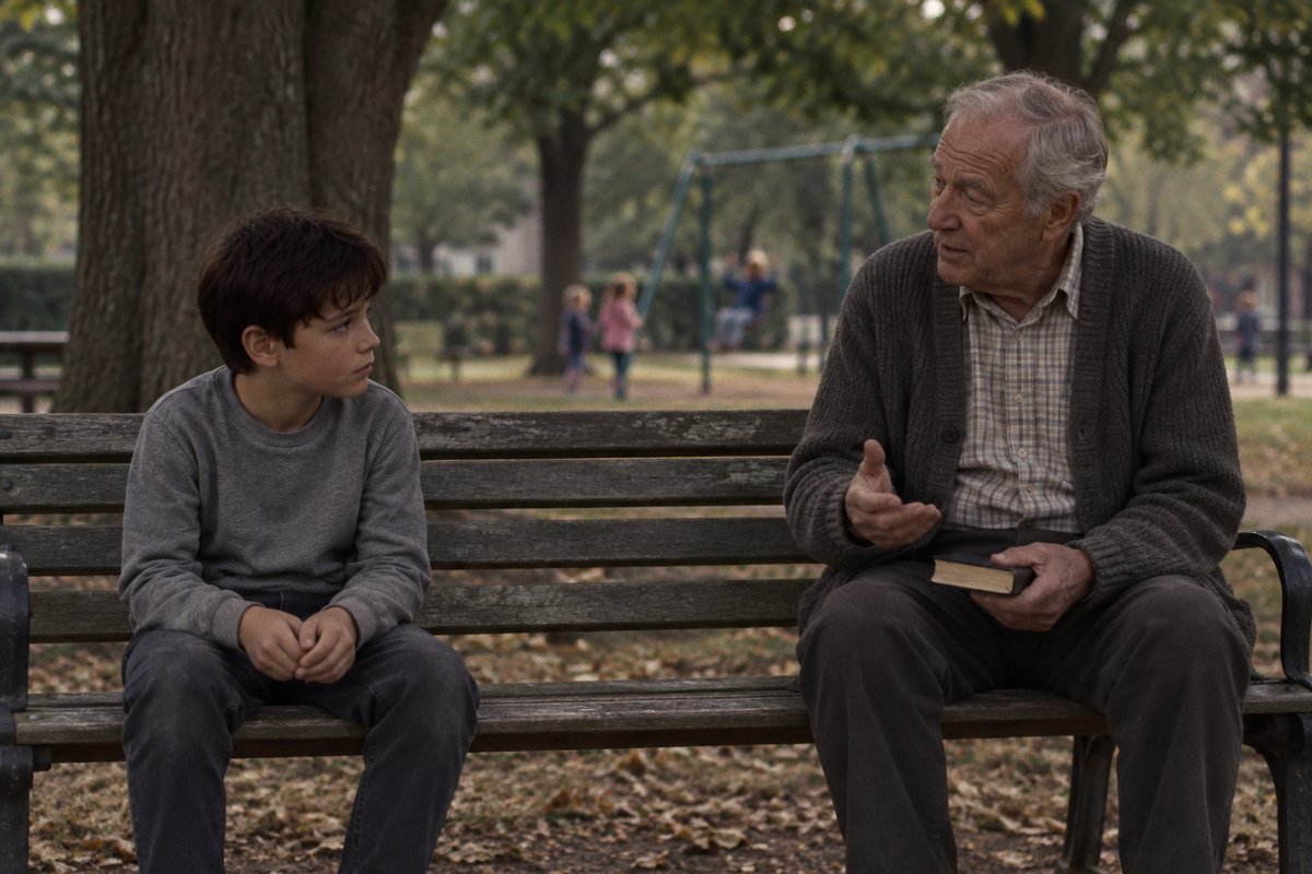 The boy listens to the older man on a park bench beside his open Bible.