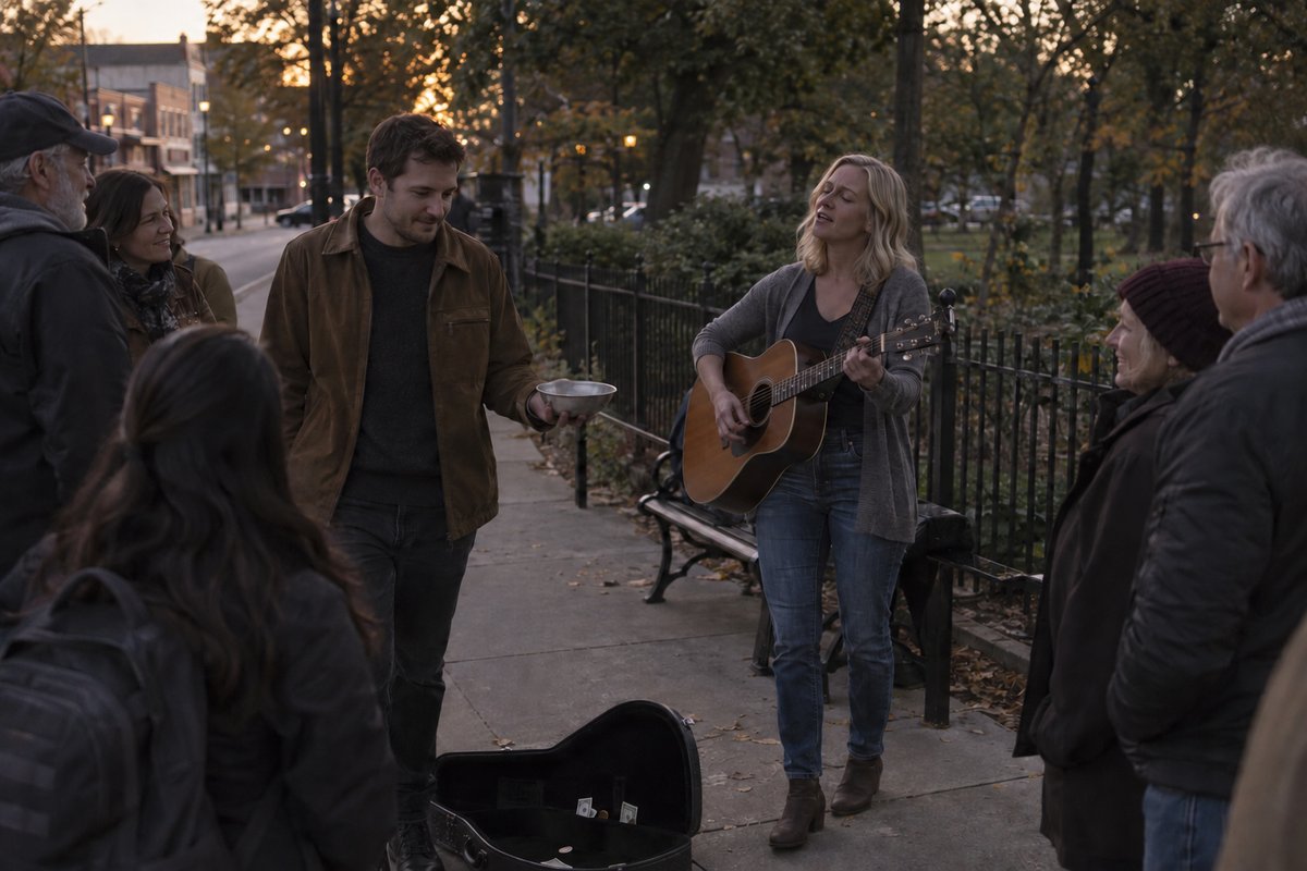 Susie sings beside the park while her brother collects coins from their small audience.