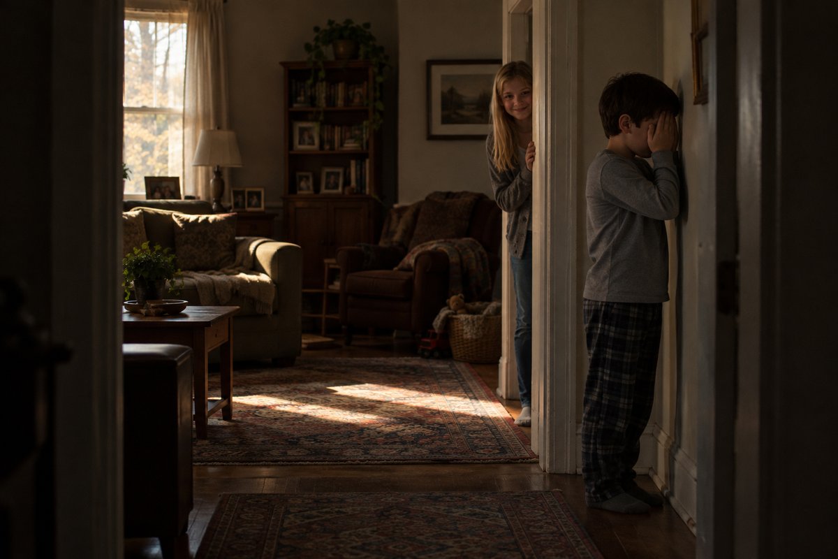 The younger brother counts with his hands over his eyes while Susie hides in the living room.
