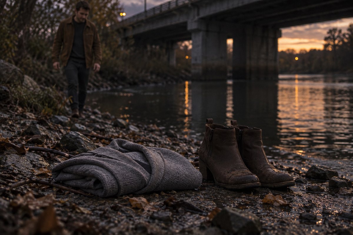 Susie’s folded jacket and boots lie beneath the bridge as her brother approaches.