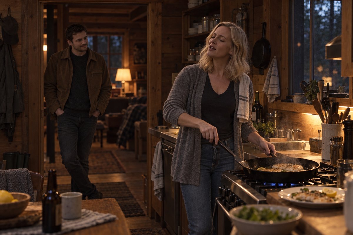 Susie sings while cooking fish in the cabin kitchen as her brother listens.
