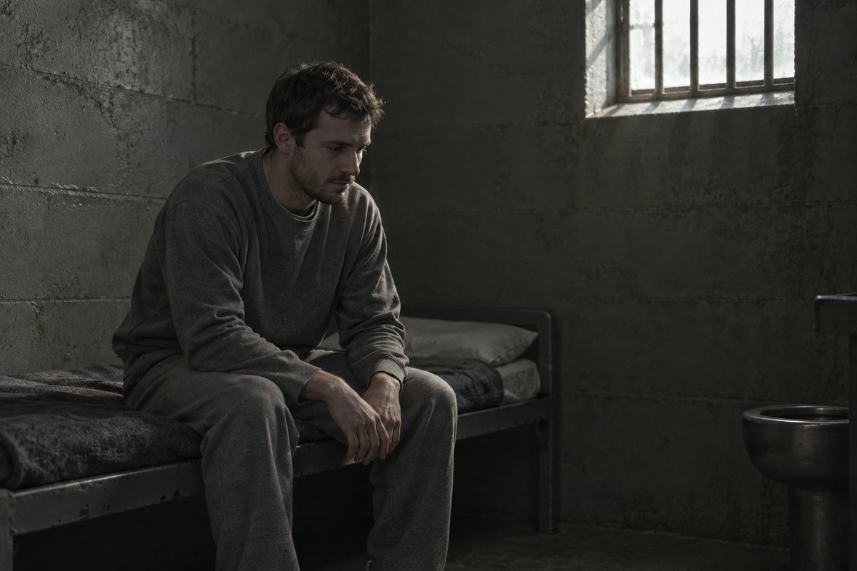 The brother sits alone on a narrow prison bed after accepting his sentence.