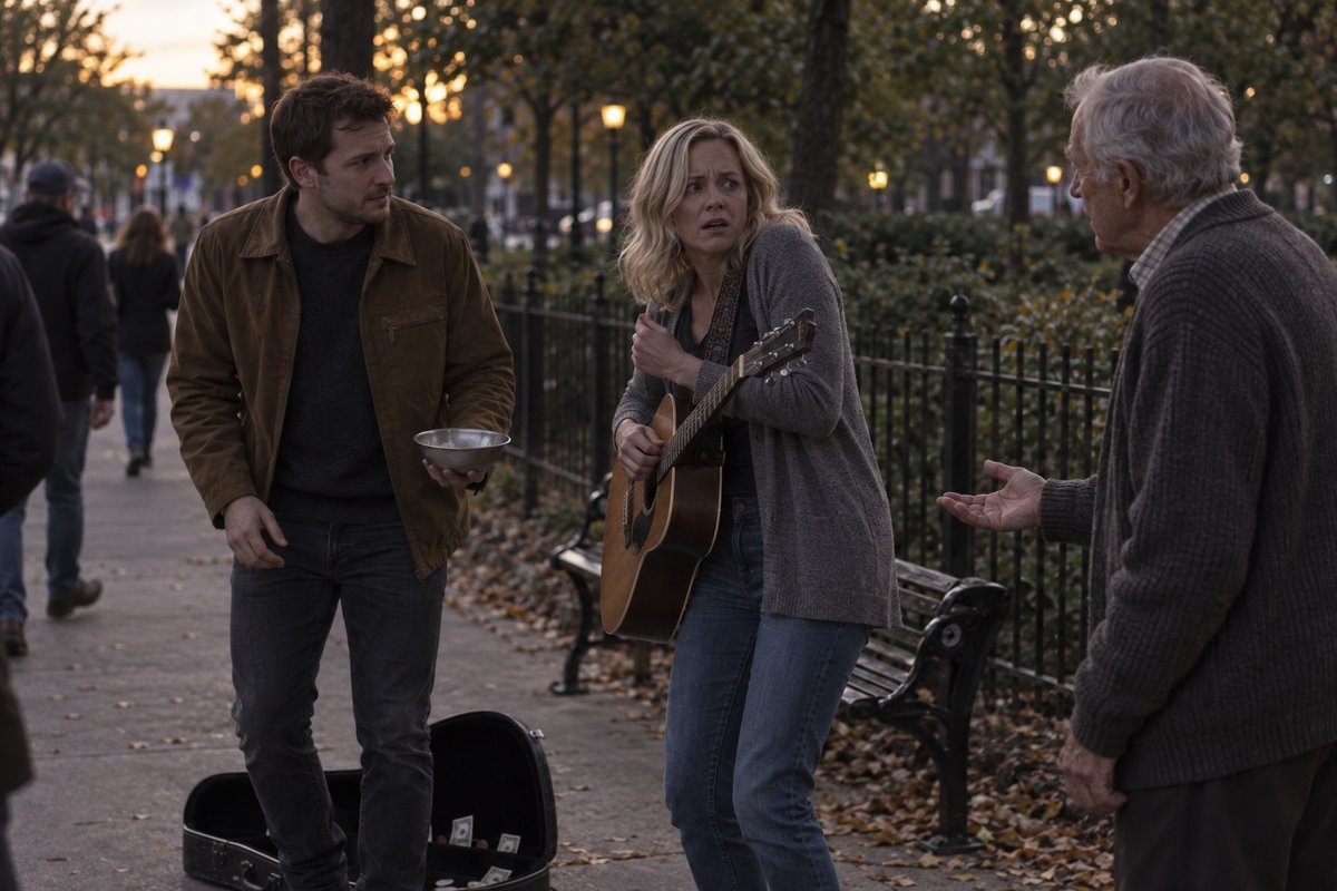 Susie recoils when the older man appears at their street performance.