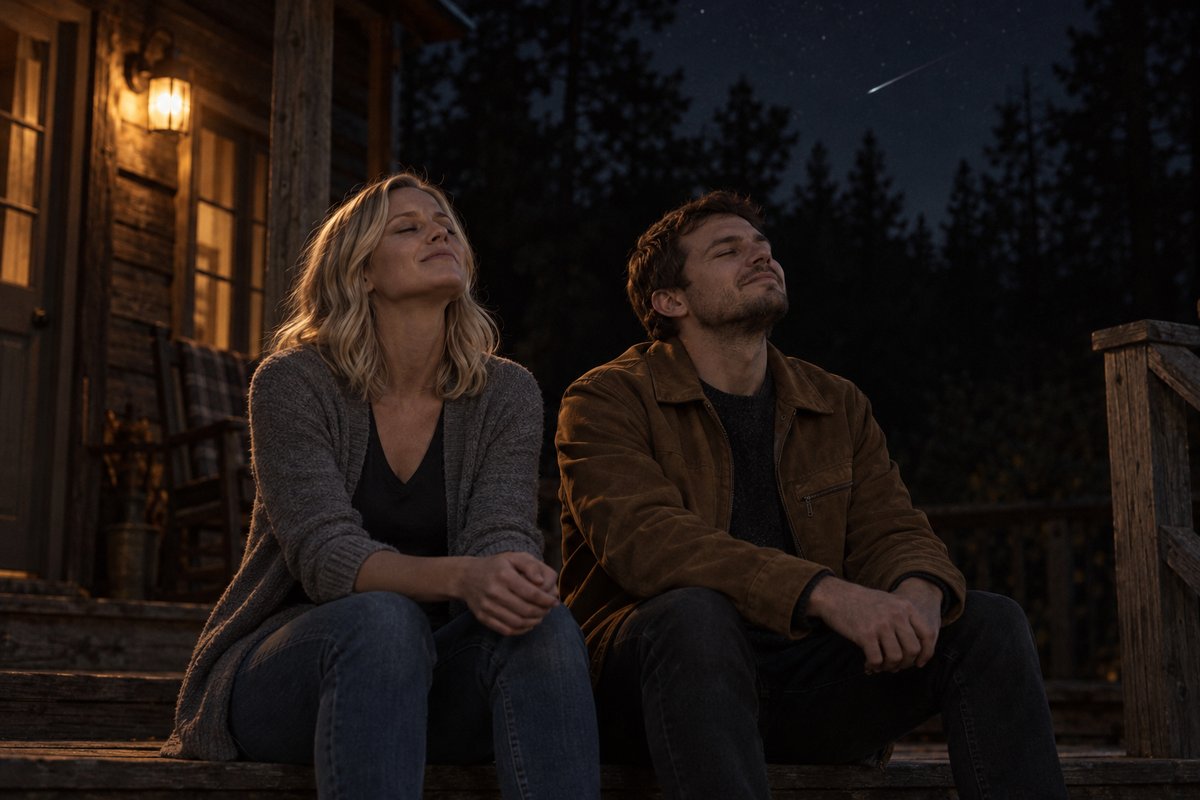 The siblings sit on the cabin porch and close their eyes beneath a shooting star.