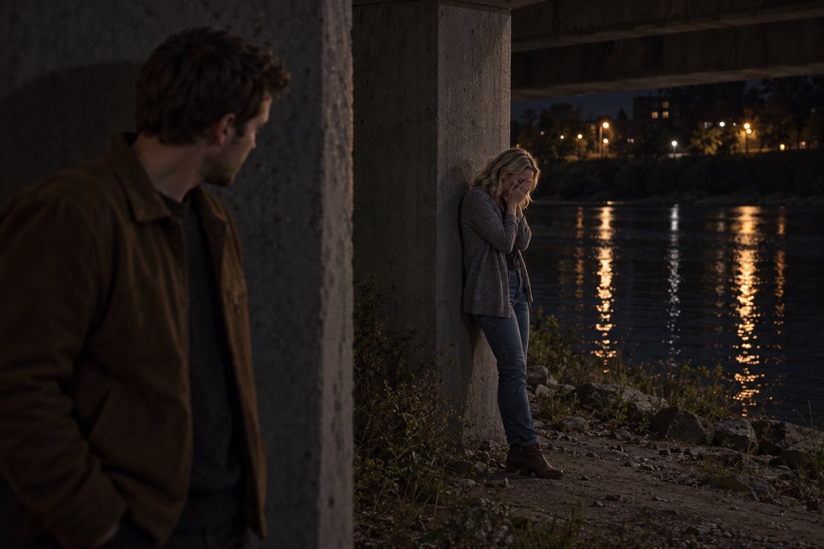 The brother sees Susie crying beside a river-bridge pillar and stays hidden behind a beam.