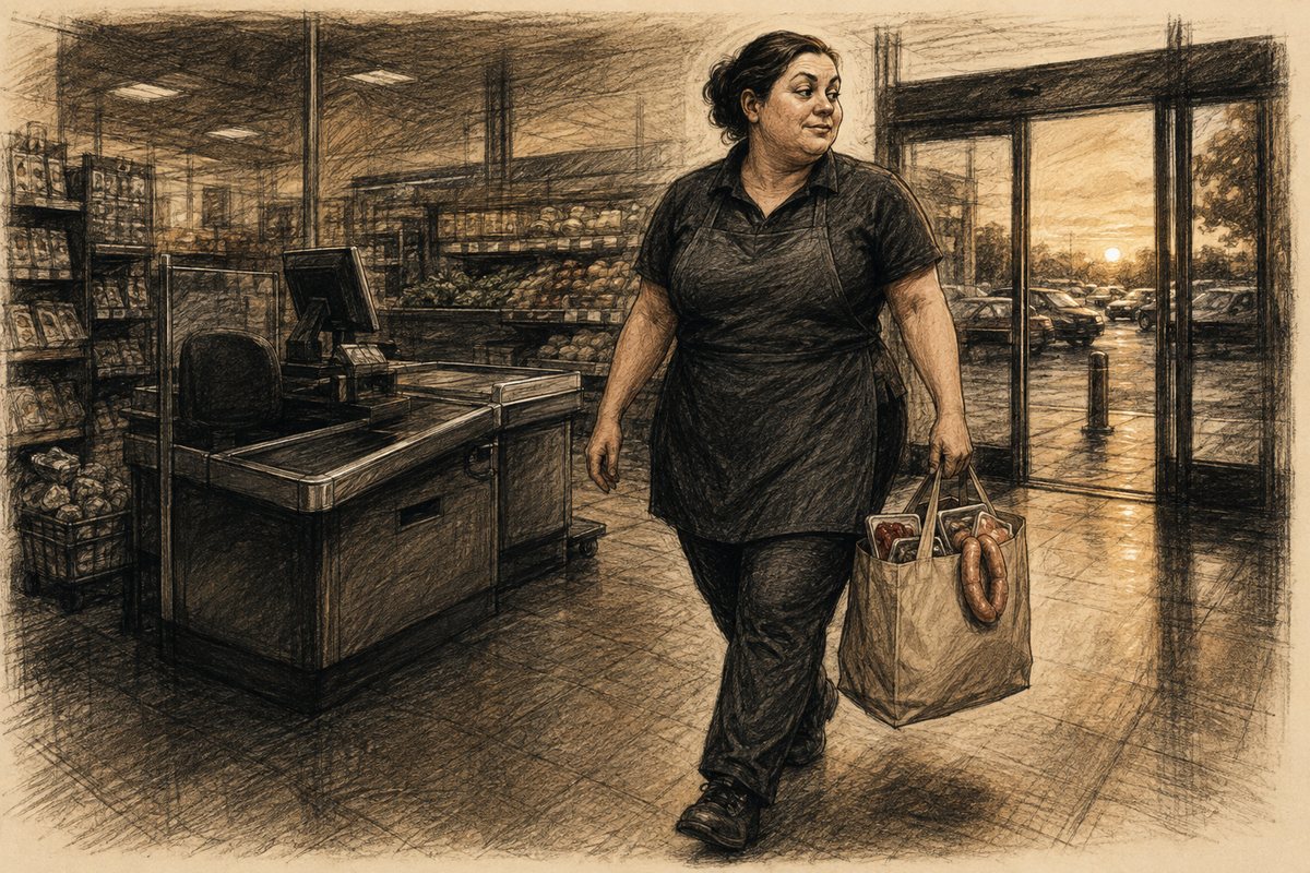 The former cashier leaves the supermarket with barbecue groceries.