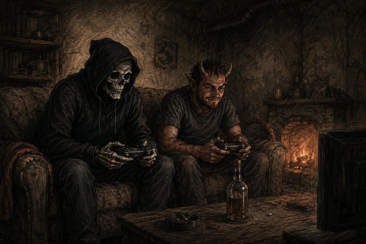 G. Reaper and Beelzebub play a console game together on a sofa.