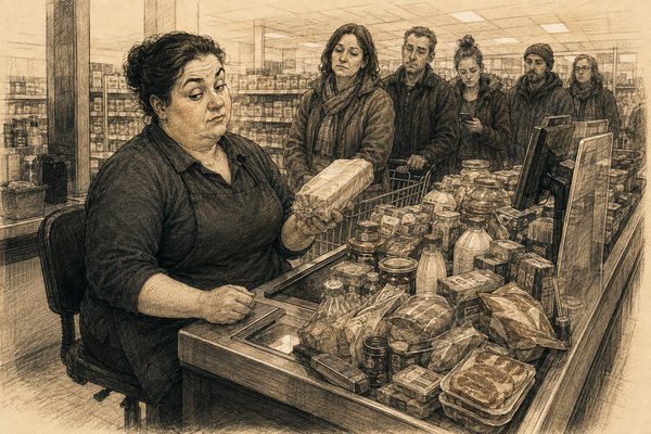 Death’s female checkout-operator guise faces a conveyor belt full of groceries.