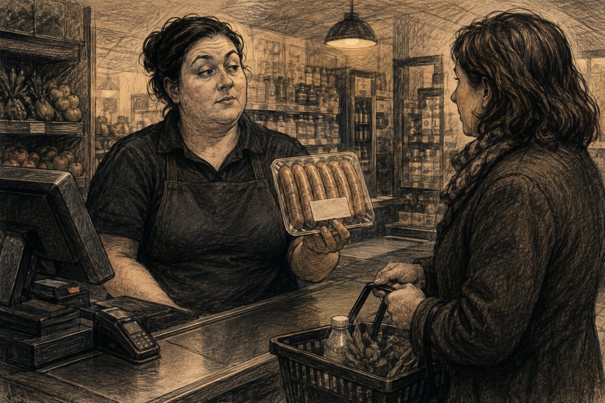 The checkout operator examines a customer’s six-pack of sausages.