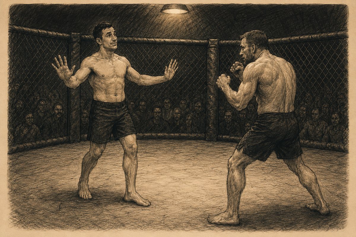 The novice fighter offers open palms to his opponent inside the cage.