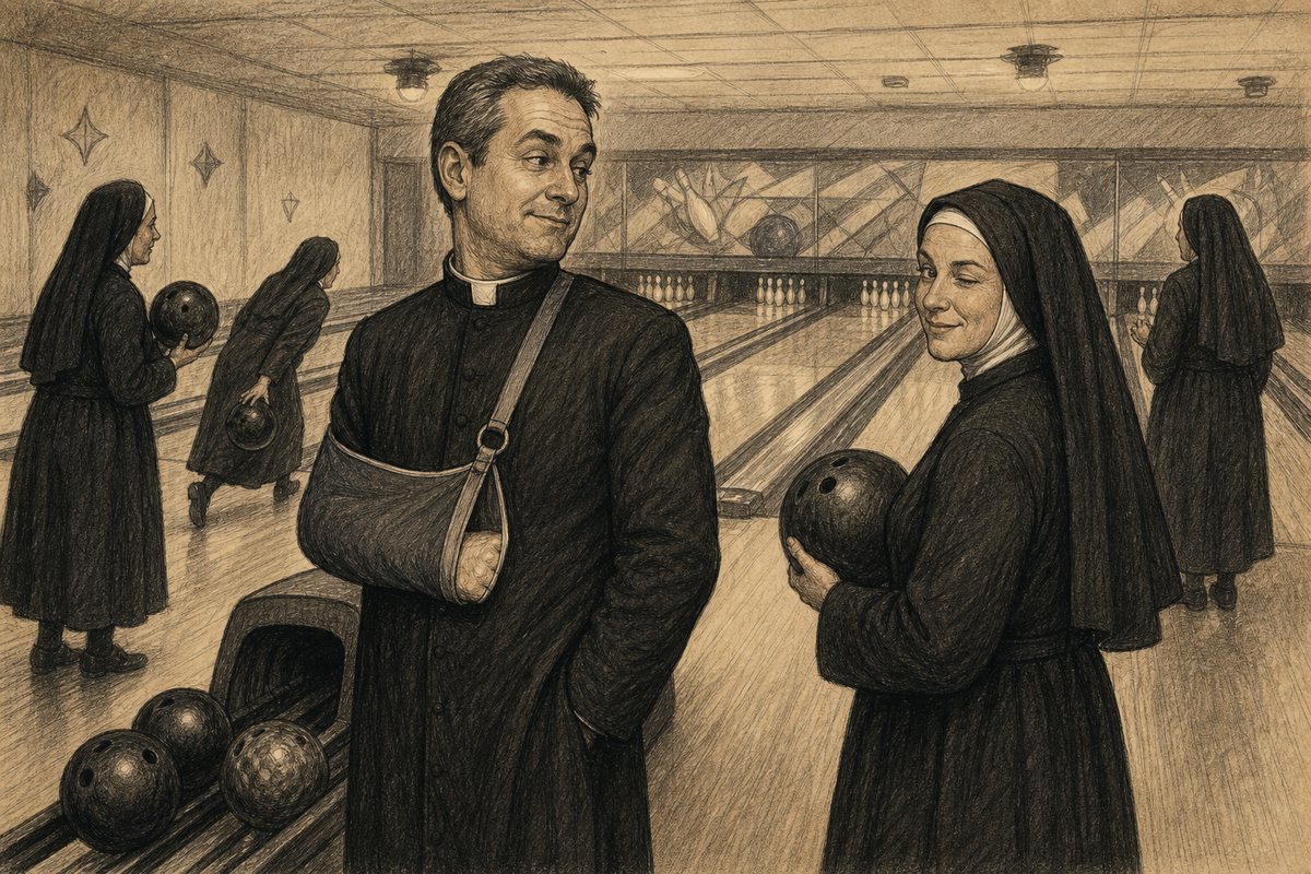 The priest, his arm in a sling, meets Sister Agnes at the bowling alley.