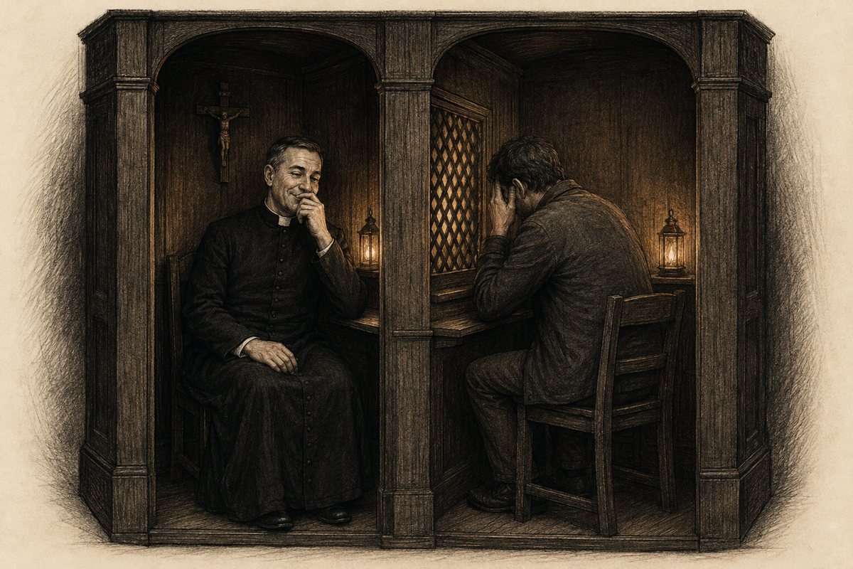 The priest listens through the wooden lattice of a confessional.