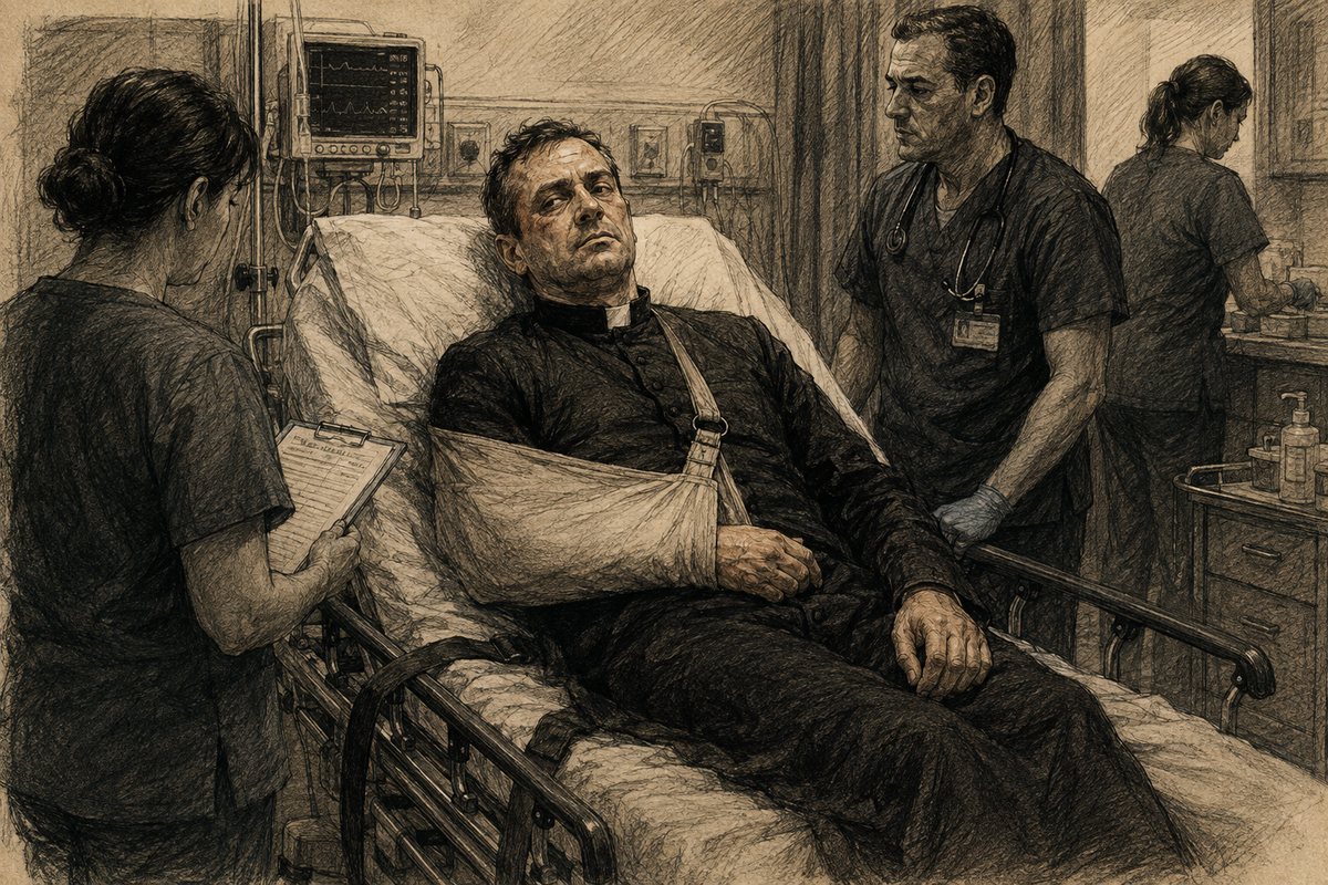 The priest wakes on an emergency-room bed after the street confrontation.