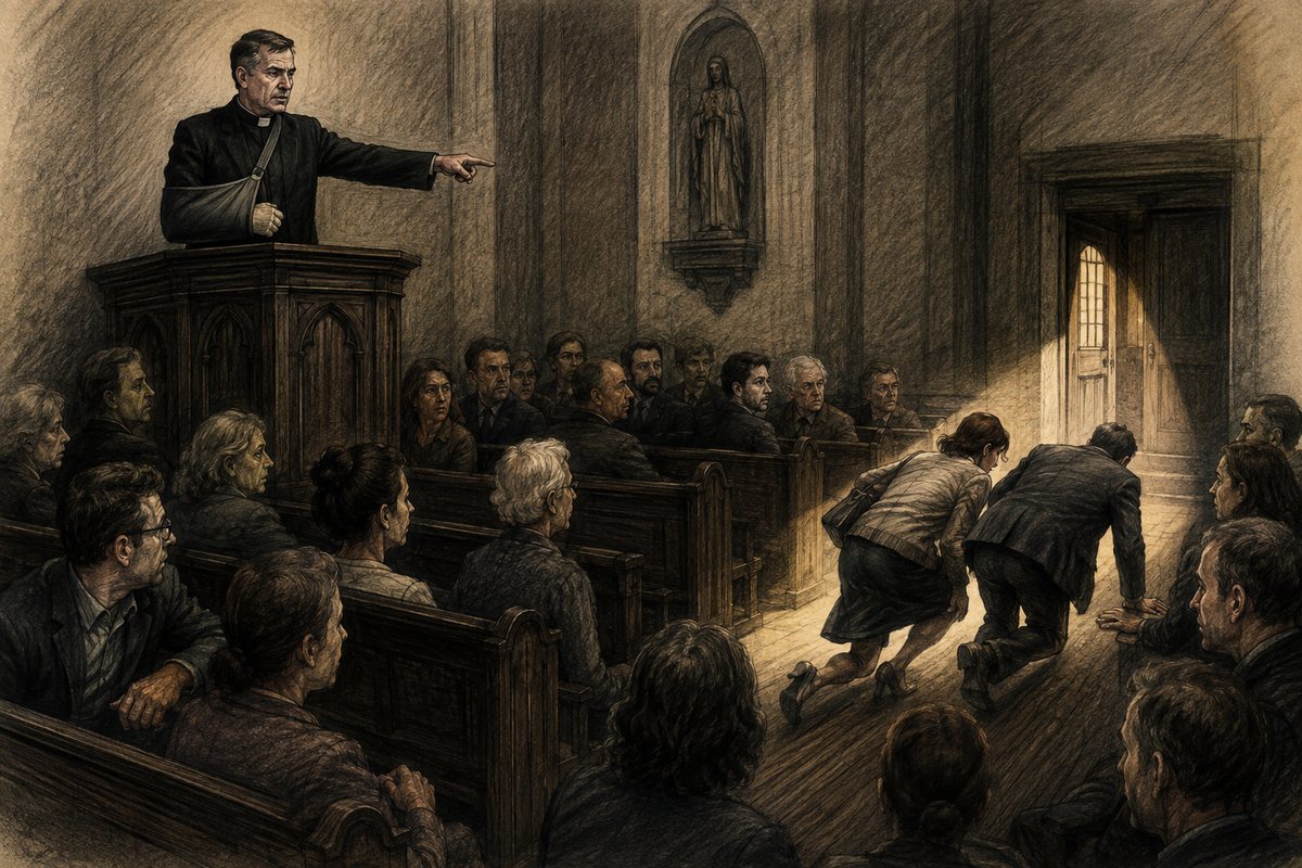 A couple tries to crawl out of the church as the priest singles them out from the pulpit.