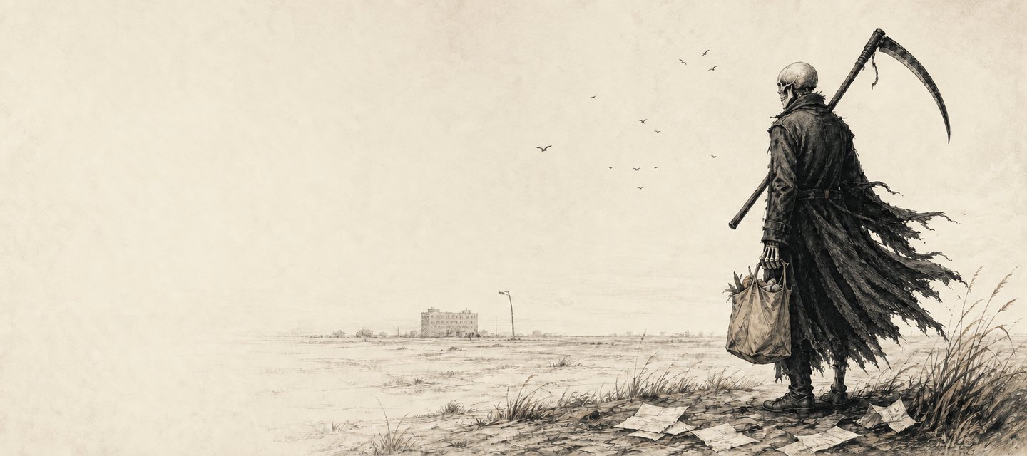 Death carries a grocery bag along an empty road toward an office building