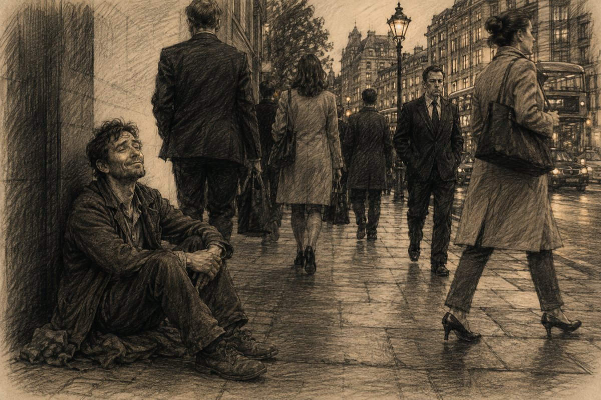 The vagabond sits apart from passersby who look through him.