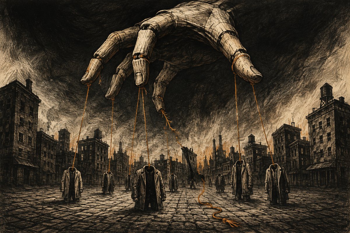 Puppet strings hang over an anonymous city, with one string broken