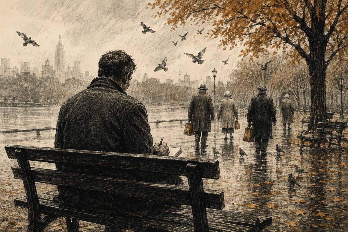 A man with a notebook stays on a park bench as rain sends the others home