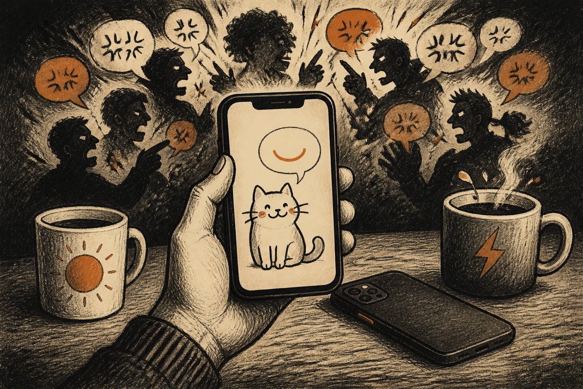 A cat doodle on a phone beside two coffee cups and another phone