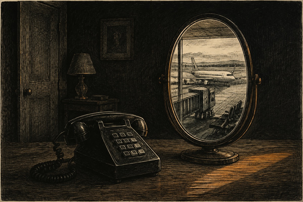 A telephone on a table reflected as an impossible departure gate
