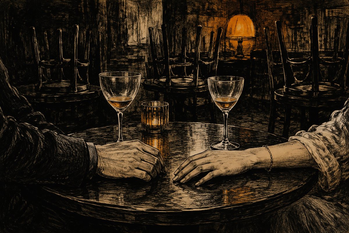 Two glasses and two hands at a bar table as the other chairs go up