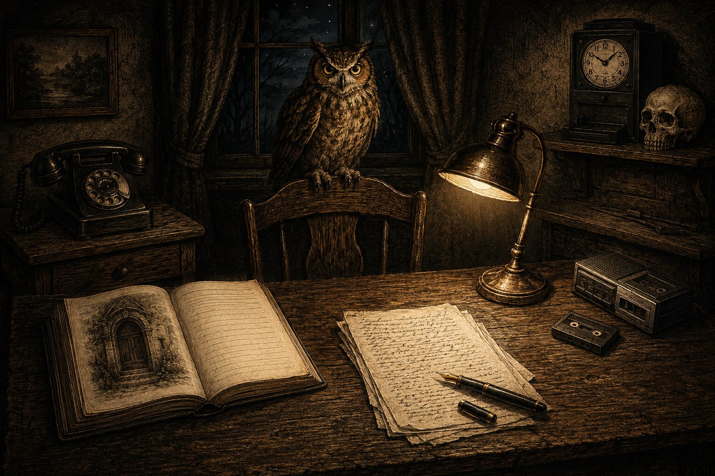 An owl watches over a desk with a storybook, telephone, loose pages, cassette player, office clock and empty chair