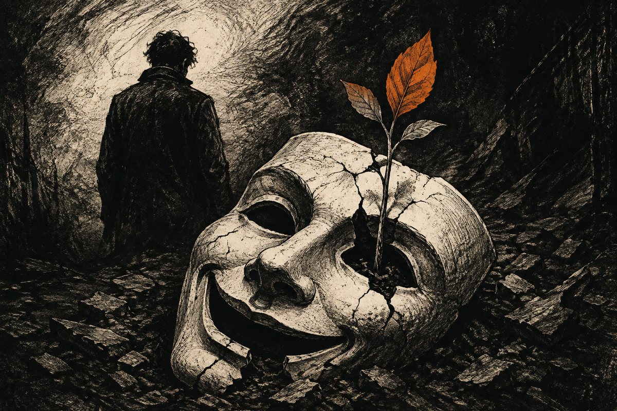 A seedling emerges through a cracked smiling mask