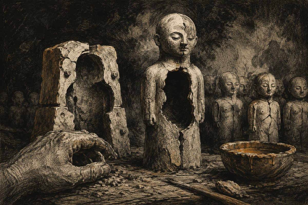 Cracked clay idols stand beside the mold used to make them
