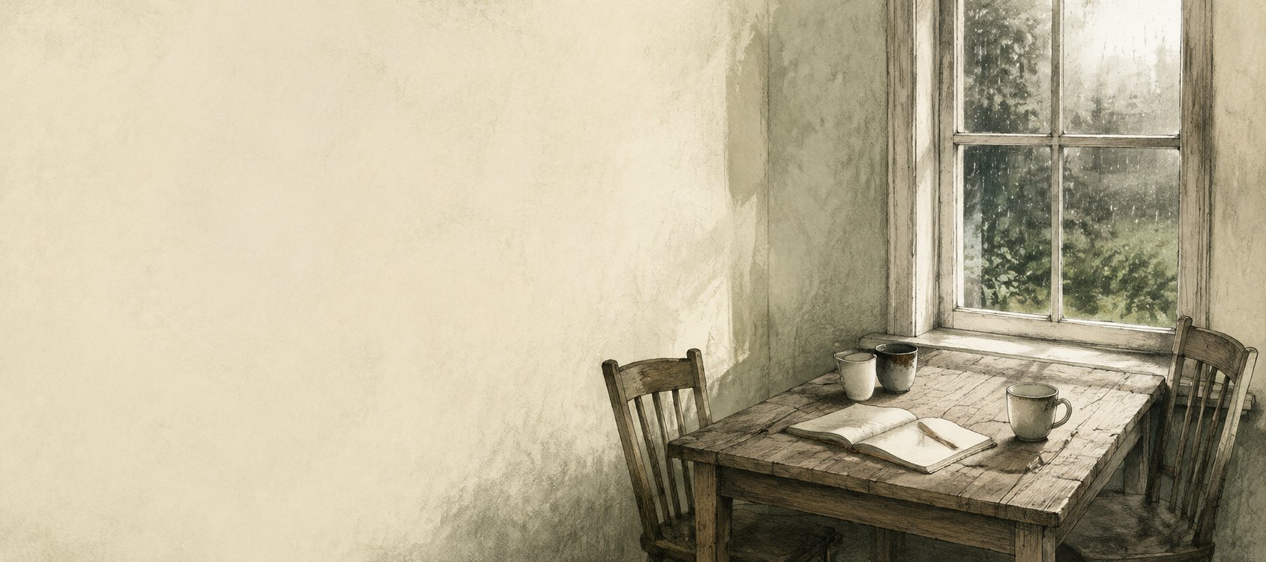 An open notebook and used cups at an empty table beside a rainy window