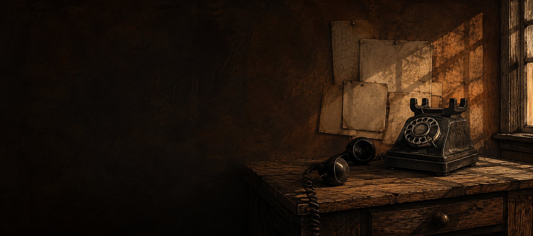 An off-the-hook rotary telephone on a desk against a wall of pinned paper