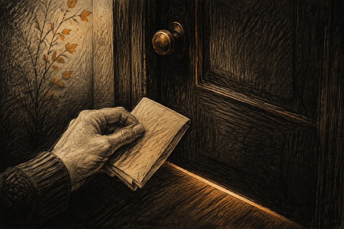 A hand holding a folded letter hesitates outside a closed door