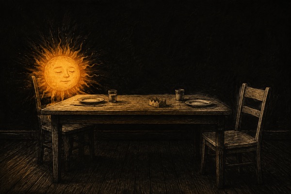 A small sun sits at a table opposite an empty chair