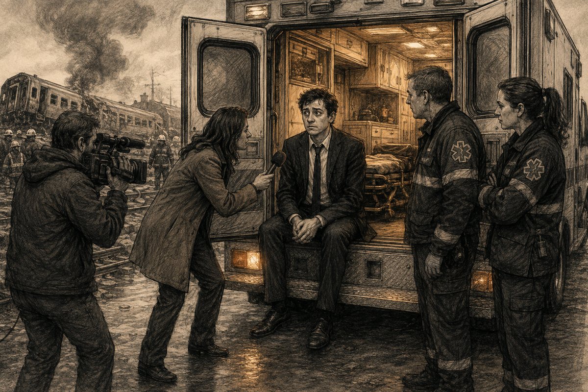 A reporter questions Tim on the back of an ambulance while paramedics watch.