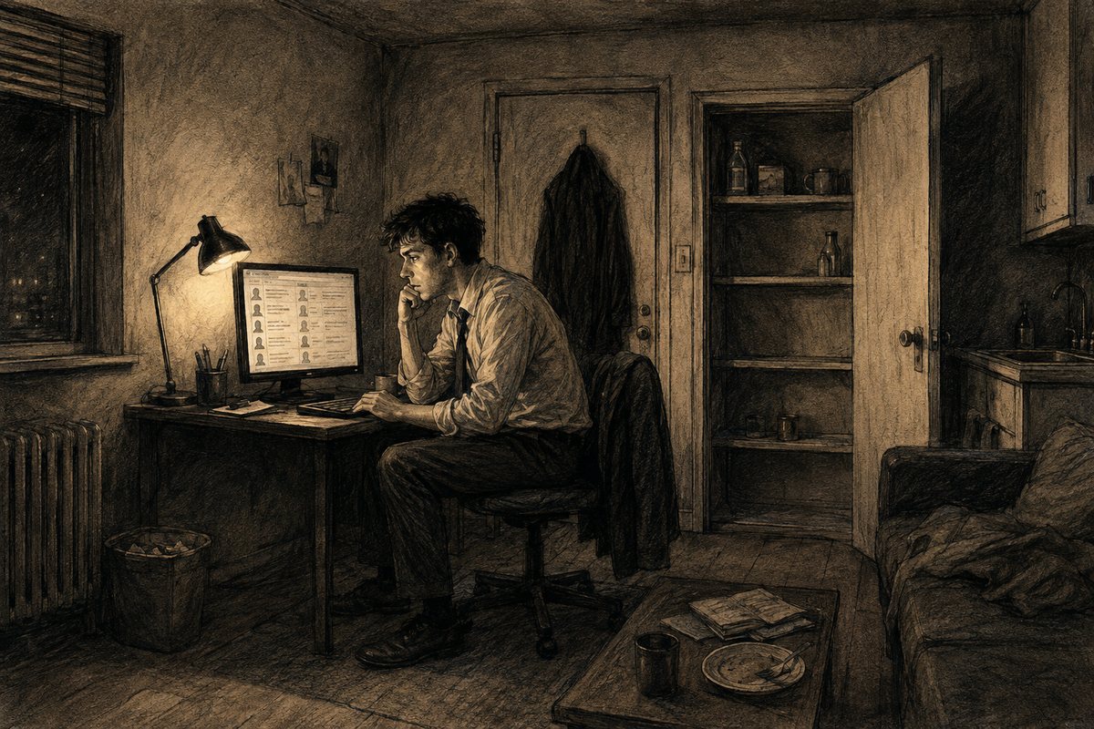 Tim checks social media in his tiny apartment after finding nothing to eat.