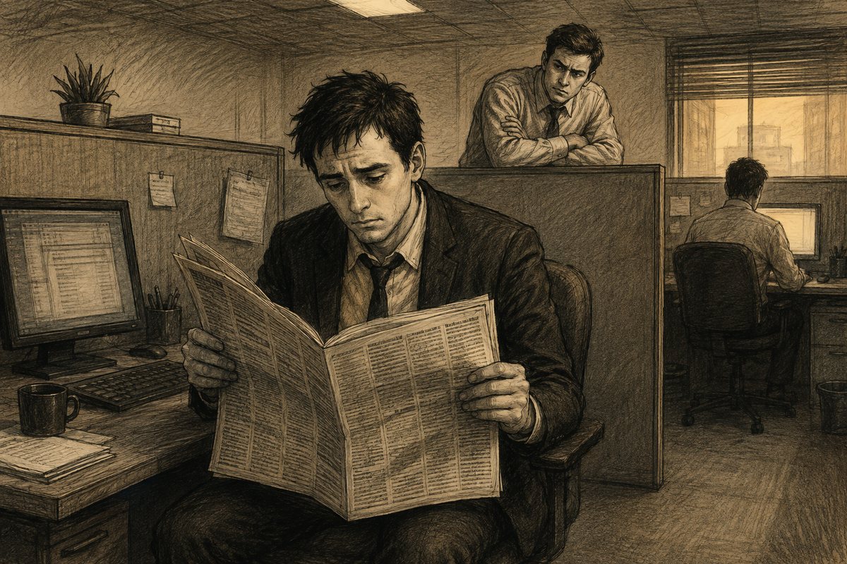 Tim Reeper reads the newspaper classifieds at his software-office cubicle.