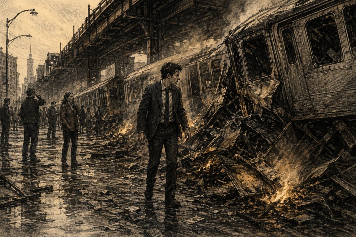 Tim walks unharmed through the smoking wreckage of a commuter train.